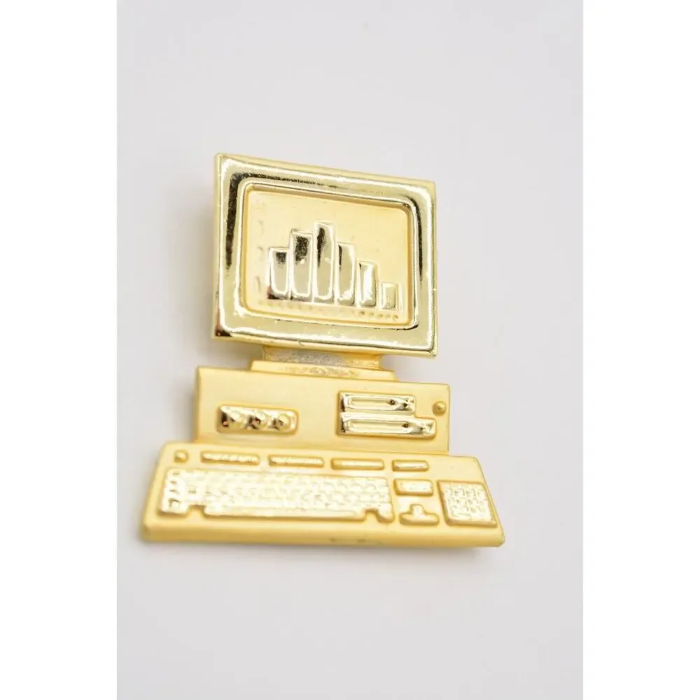 AJC Vintage Computer Pin Brooch Desktop Charts Graphs Signed NOS 1980s BinA10
